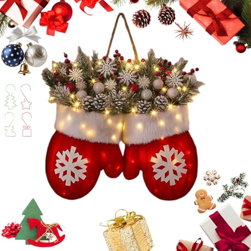 Twinkling Christmas Mitten Wreath with 120 LED Lights, Constant and Flashing Light Modes, 8-Hour Timer and 16-Hour Power-Off, Front Door Artificial Garland with Faux Pine Branches (2 PCS Gloves)