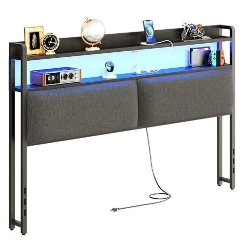 Headboard for King Size Bed Frame, Headboards with Outlets, USB Ports and 60,000 DIY Color LED Light, Upholstered Head Board with Storage, Height Adjustable, Black BT01CRB