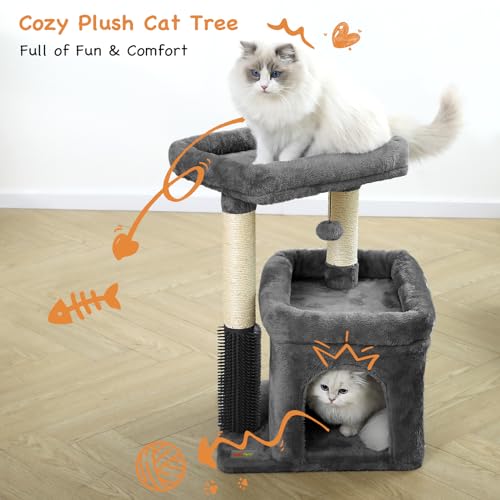 Small Cat Tree with Scratching Post Indoor, Cat Trees for Indoor, Cat Tower with Condo, Plush Cozy Perch, Massage Brush, Activity Hanging Pompoms