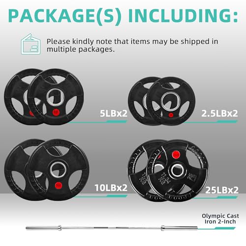 Olympic Cast Iron 2-Inch Weight Plates Including 5FT Olympic Barbell Bar & Safely Locks, 100 Pounds Set (85 lbs Plates + 15 lbs Barbell Bar), Multiple Packages