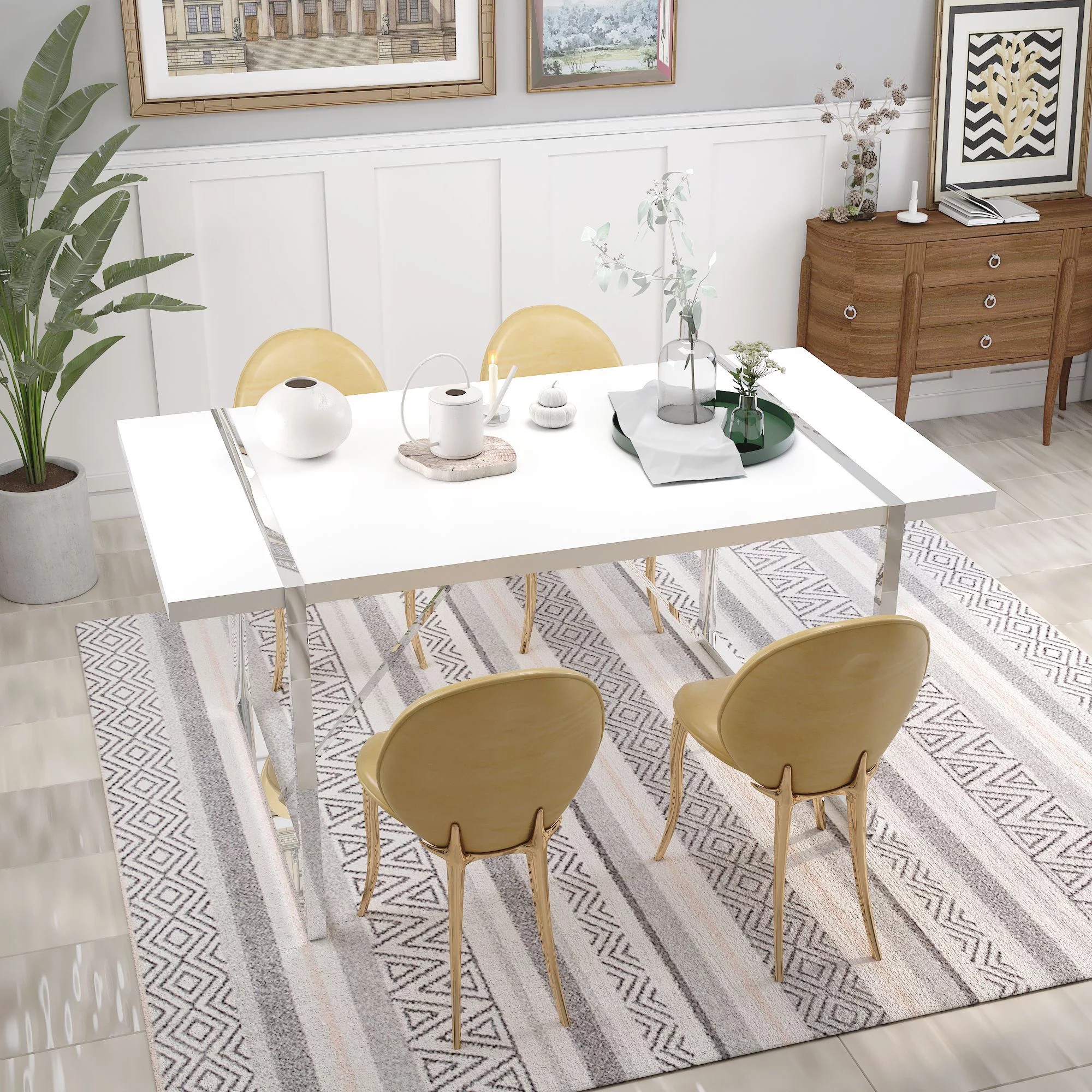 Dining Table 55'' x 31 '' Reactangular for 4-6 Person Modern Wooden Standing Office Desk  with Silver Metal Legs, White