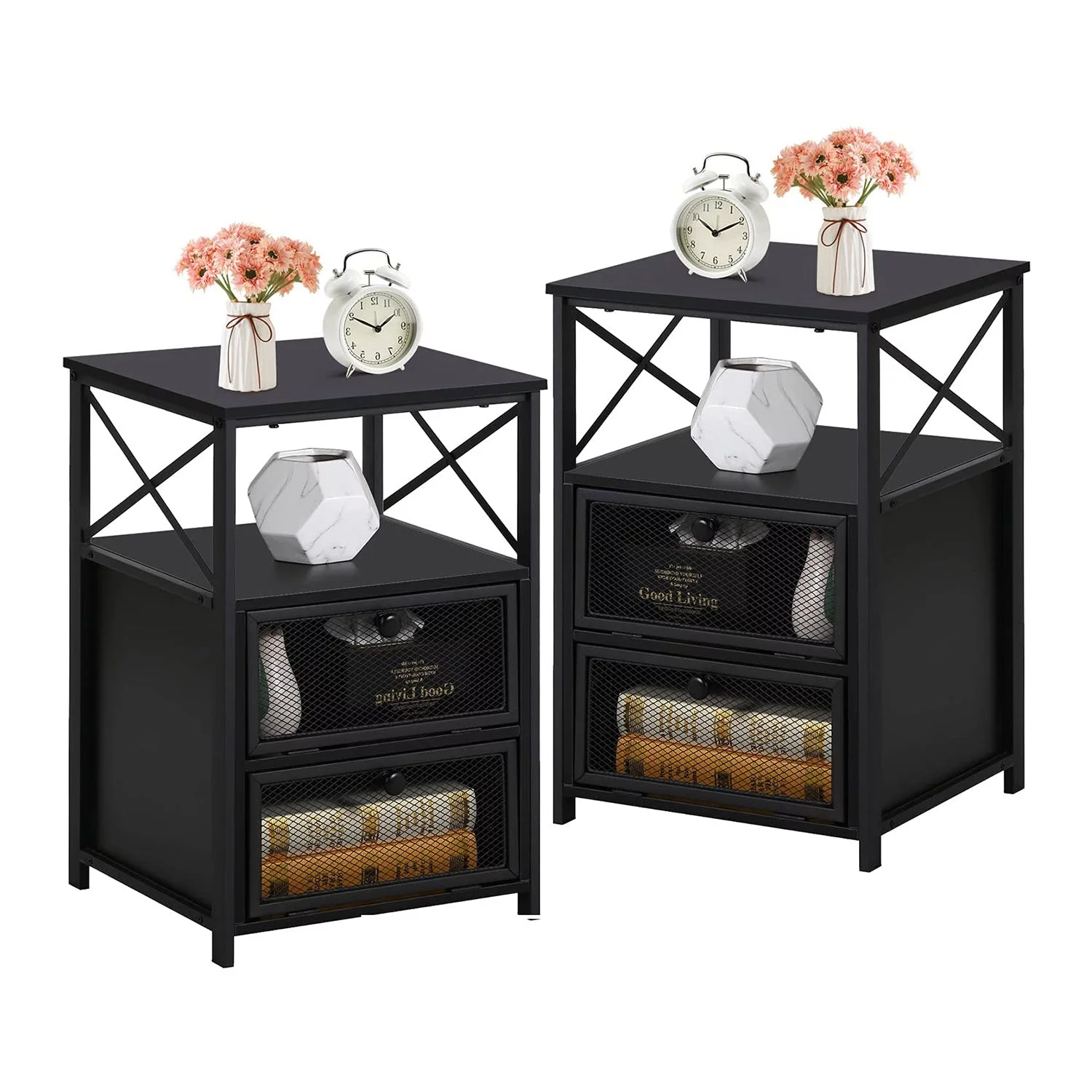 VECELO 3-Piece Victorian Bedroom Set Bed Frame And 2 Nightstand