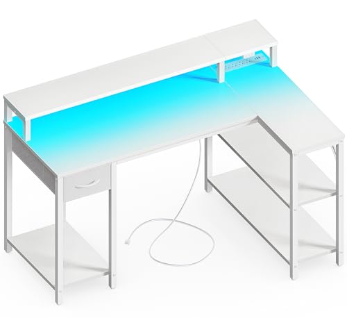 SUPERJARE 47 inch Reversible L Shaped Desk with LED Lights & Power Outlets, Computer Desk with Shelves & Monitor Stand, Gaming Desk with Drawer, Home Office Desk Corner Desk, Black