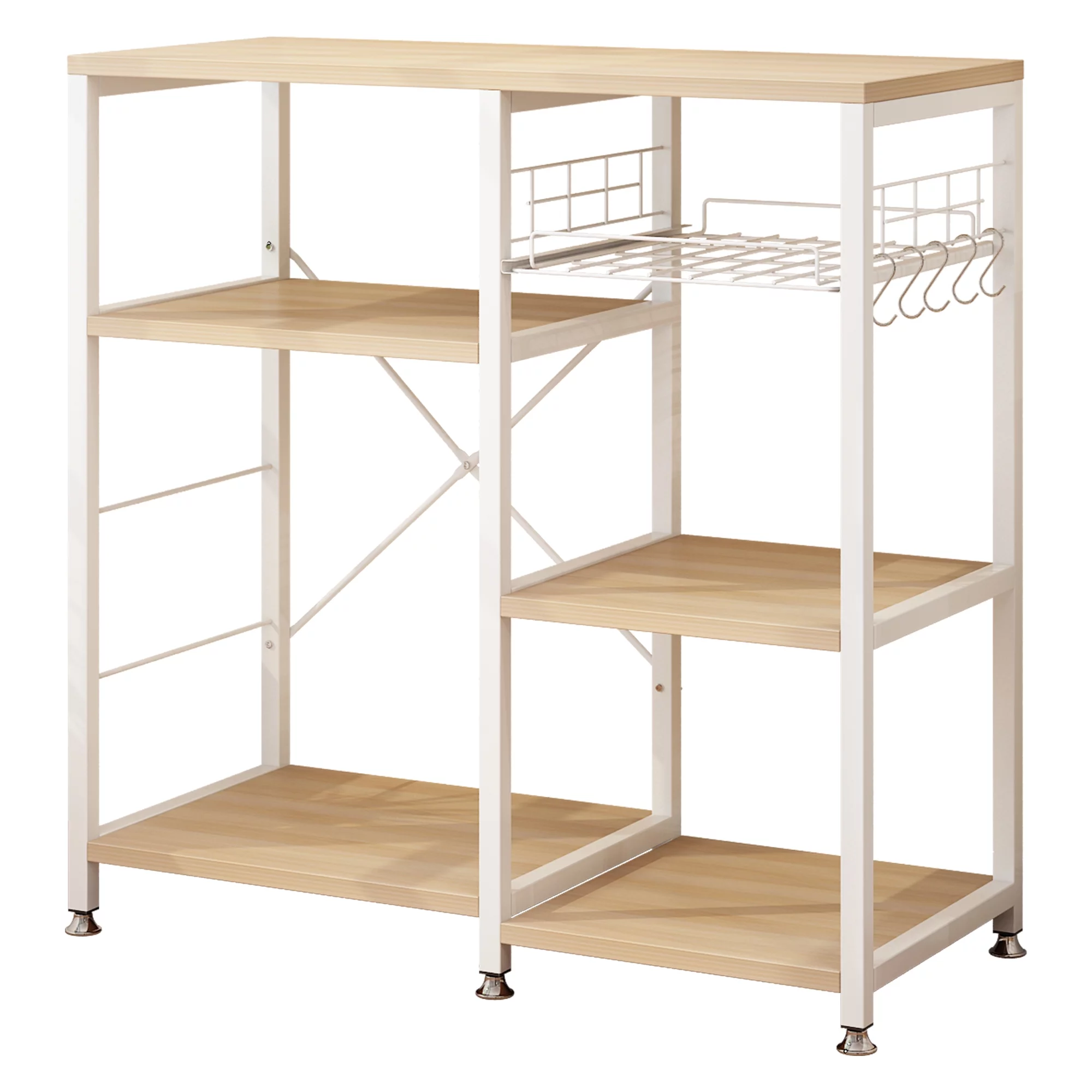 UBesGoo Bakers Rack, Kitchen Microwave Oven Stand with Basket, Industrial Shelving Unit, Wood Storage Shelf for Kitchen Dining Room, White Oak Finish