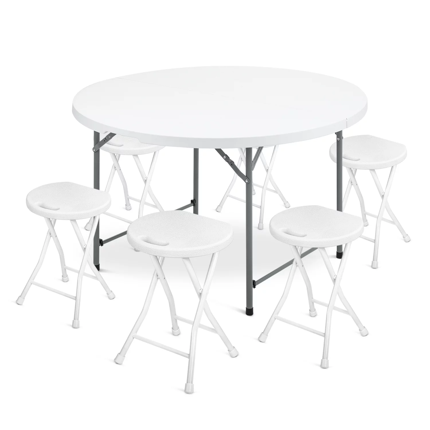 MoNiBloom 7 Pieces 4 FT Folding Round Table and Chair Set, Banquet Event Wedding Card Desk with Handle and Foldable Steel Stools
