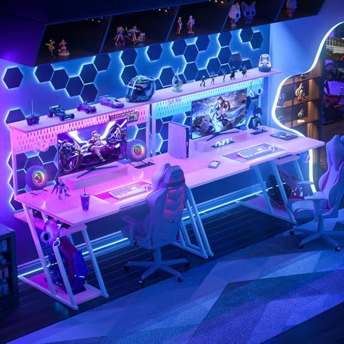 Armocity Gaming Computer Desk with Shelves and Outlets, Gaming Desk with Hutch and LED Lights, Reversible PC Gaming Desks with Pegboard, Carbon Fiber Black 47''