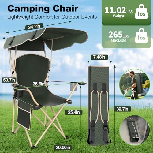 Portable Camping Chair with Canopy - Folding Chair with Canopy, Durable 600D Oxford Canopy Chair for Camping, Beach, Picnics, Fishing & Sports