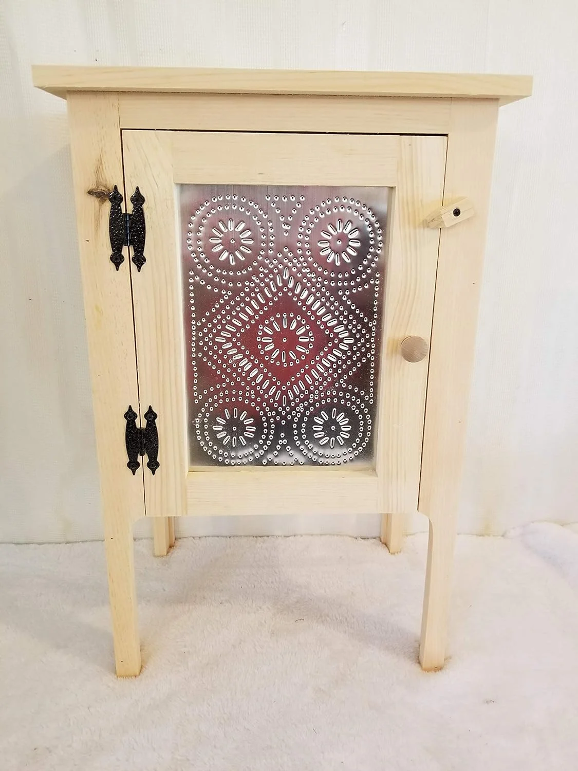 Kreations. Unfinished Pine Night Stand W/Tin Accent Door. Measures: 18 1/2