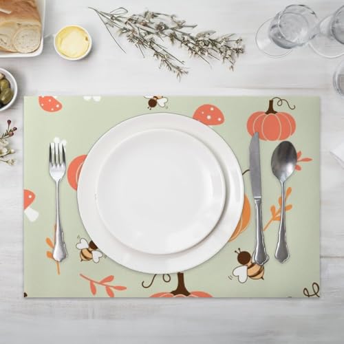 Kitchen Placemat Faux Leather Cartoon Pumpkin Bee 12 X 18 Inch Plate Placemats Cute Autumn Bees Dining Table Insulating Mats Placemats Waterproof Festival Party Thanksgiving Table Pack of 6
