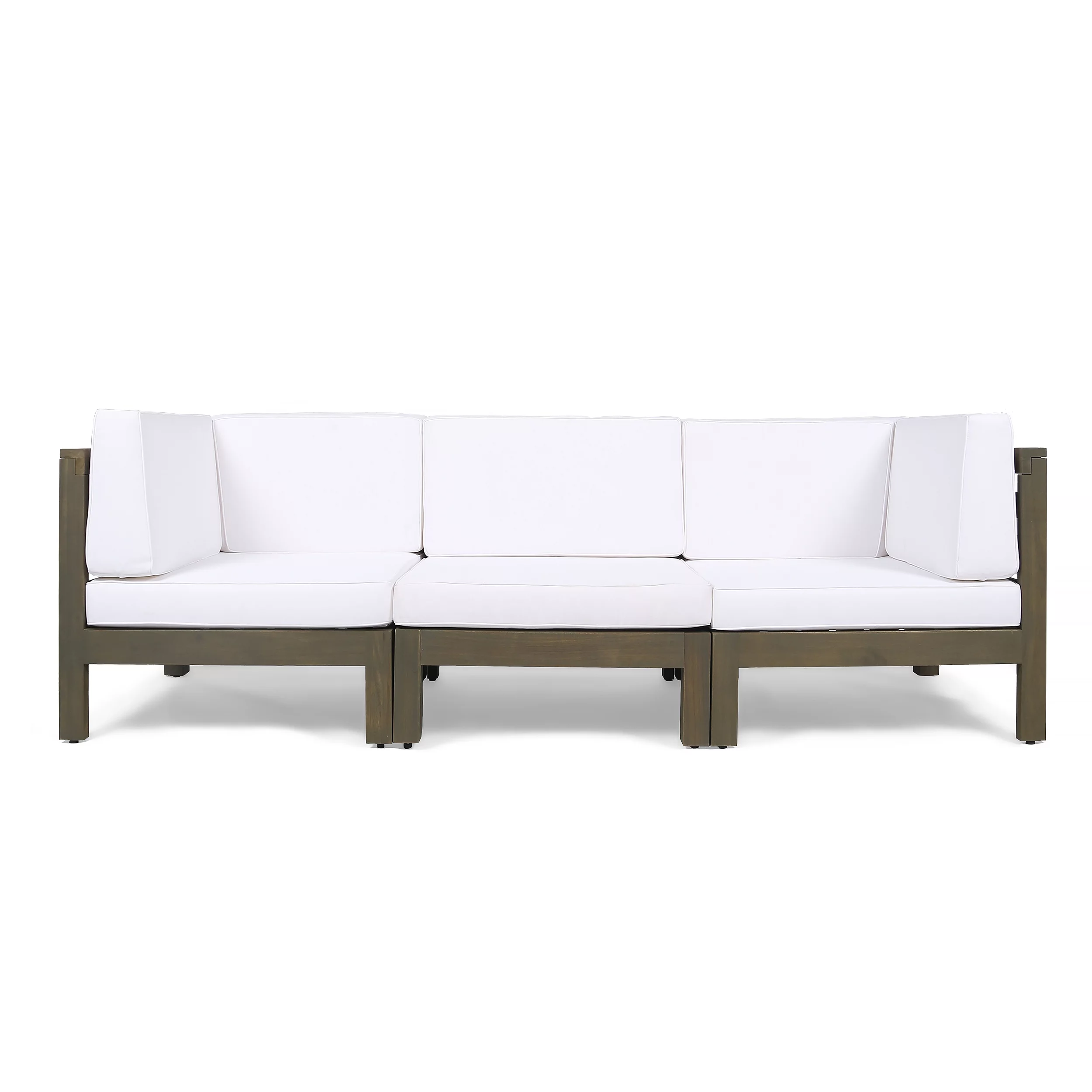 Frankie Outdoor Acacia Wood Sectional Sofa with Cushions, Gray, White