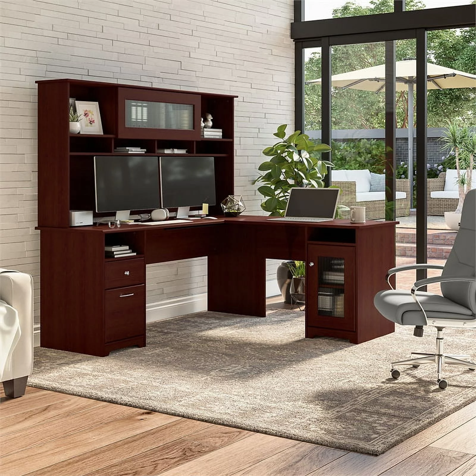 Bowery Hill 72W L Desk with Hutch in Harvest Cherry - Engineered Wood