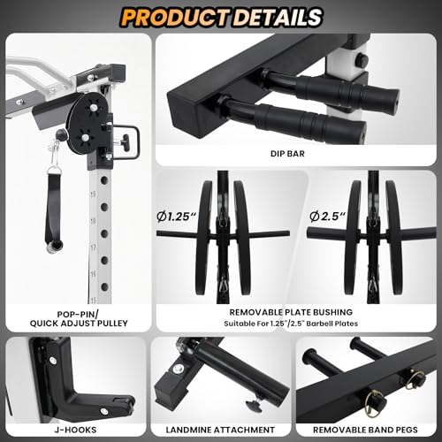GaveeLife Power Cage, 2000 LBS Power Rack with Cable Cross-Over System, Multi-Functional Strength Training Squat Rack with LAT Pull Down System, Home Gym Equipment with Training Attachment