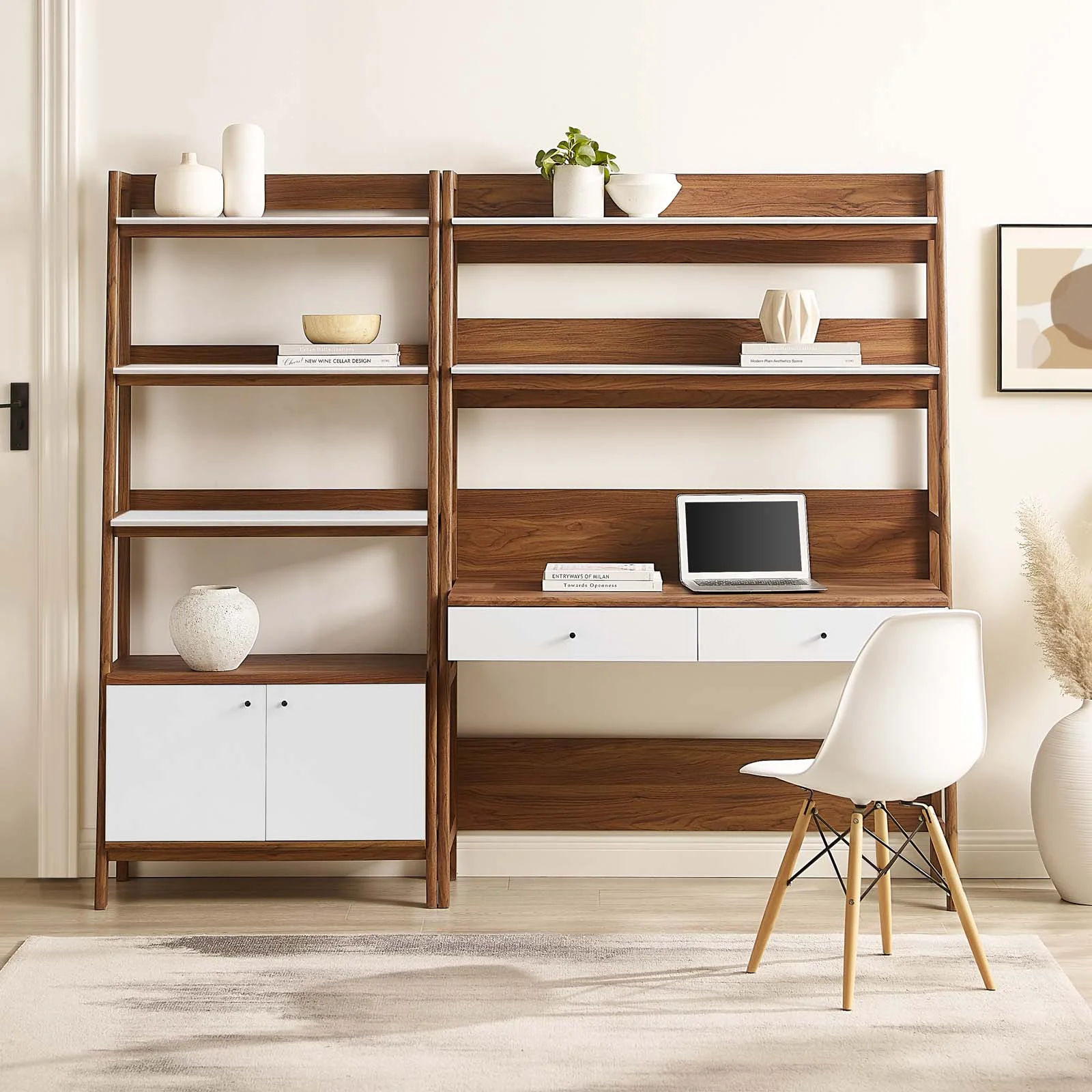 Modway Bixby 2-Piece Wood Office Desk and Bookshelf in Walnut White
