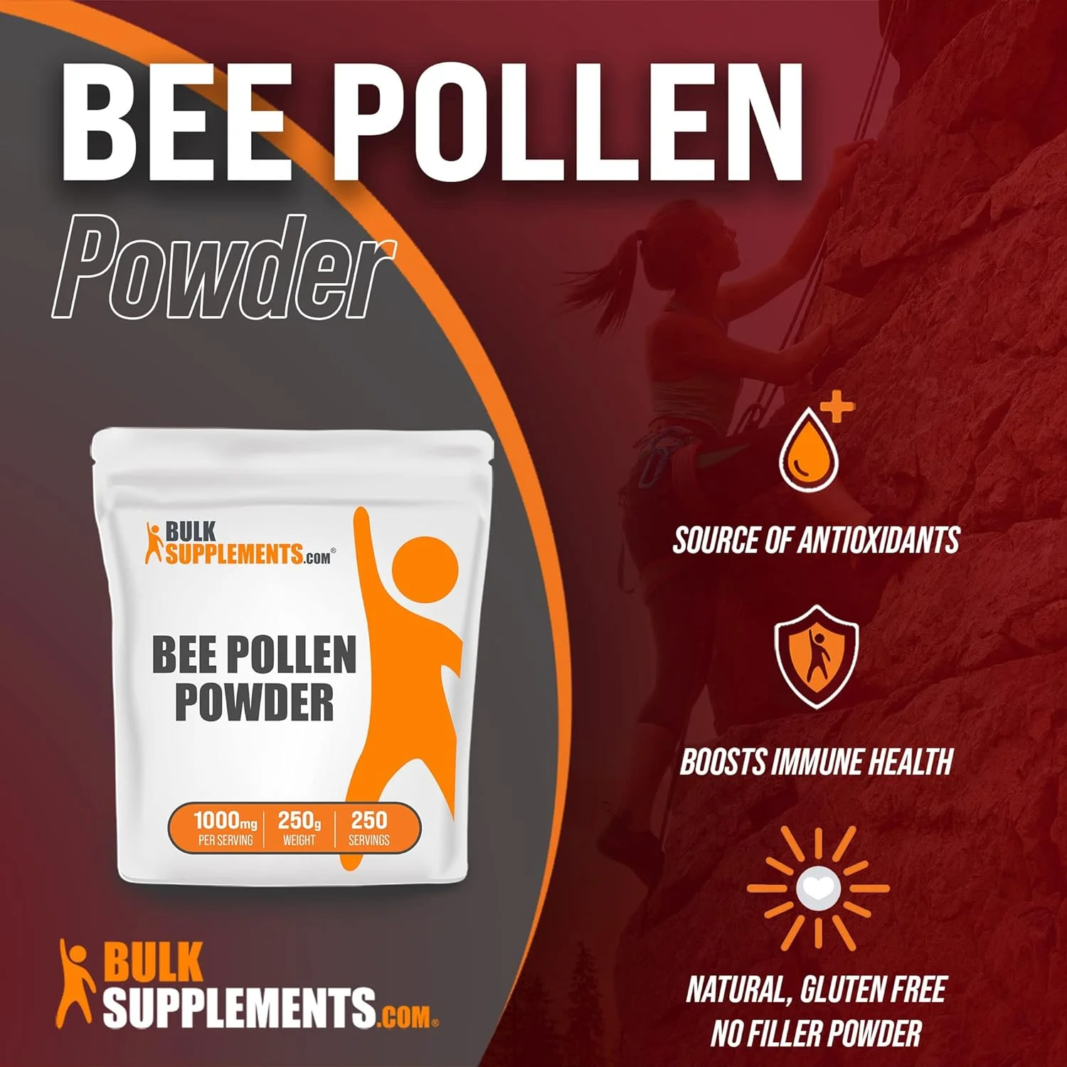 BulkSupplements.com Bee Pollen Powder - Dietary Supplement, Bee Pollen Supplement - Natural, Gluten Free - 1000mg per Serving, 250 Servings (250 Grams - 8.8 oz)