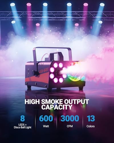Halloween Fog Machine, 600W Smoke Machine with Disco Ball Lights, 3000CFM Output, 13 Color LED Effects, Wireless Remote Controls, Perfect for DJ, Weddings, Parties, Stage Effect, Photography