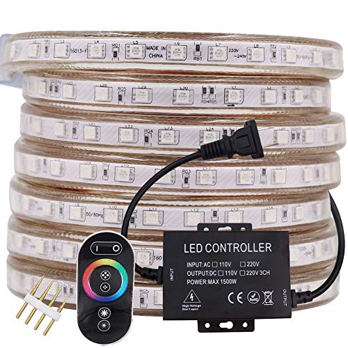 30ft LED RGB Rope Strip Light, AC 110-120V 60 LEDs/M SMD 5050 Touch Remote Control Multi-Color Changing Waterproof Flexible Strip Lights for Indoor Outdoor Christmas Decoration
