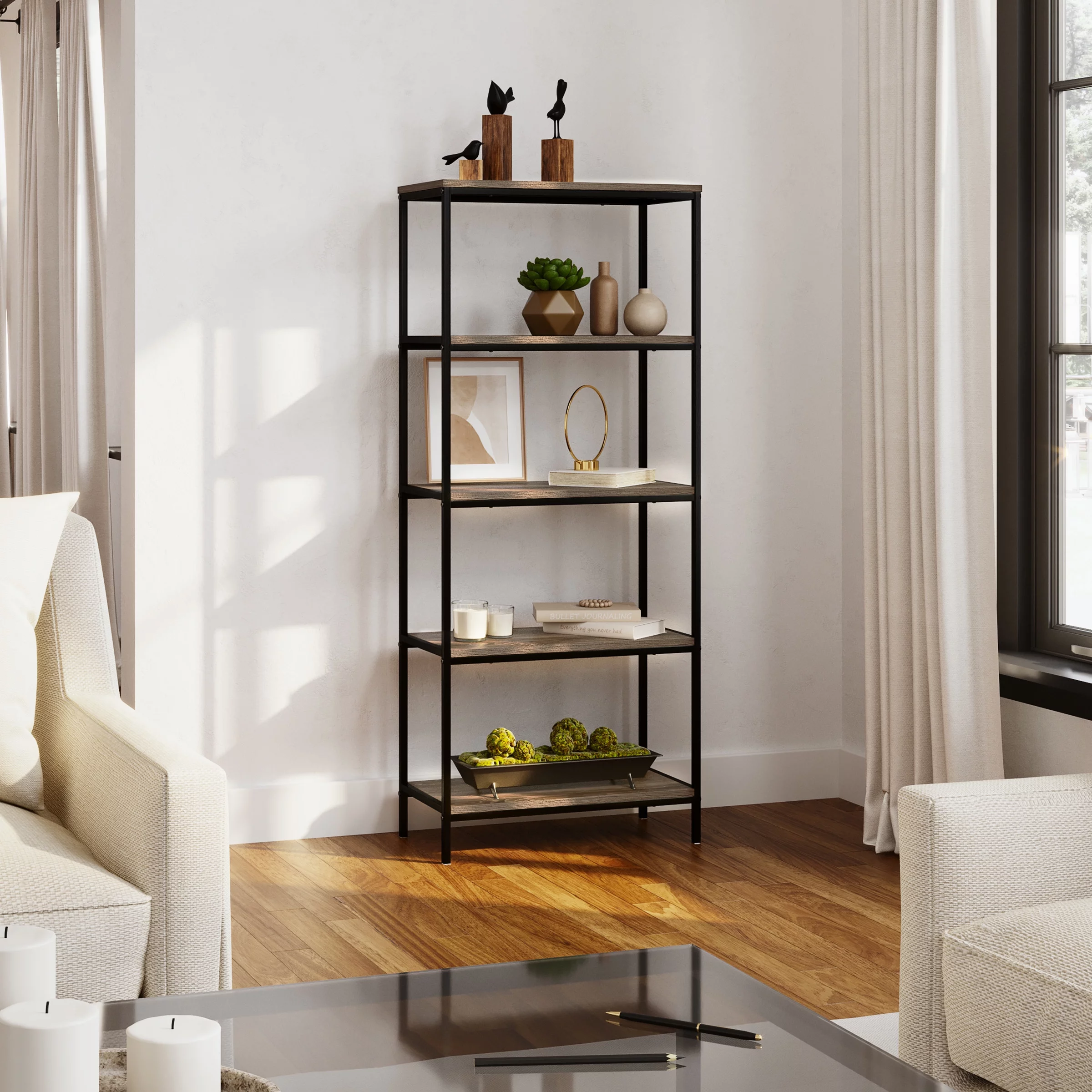 Somerset Home 5 Tier Bookcase, Open Industrial Style, Black