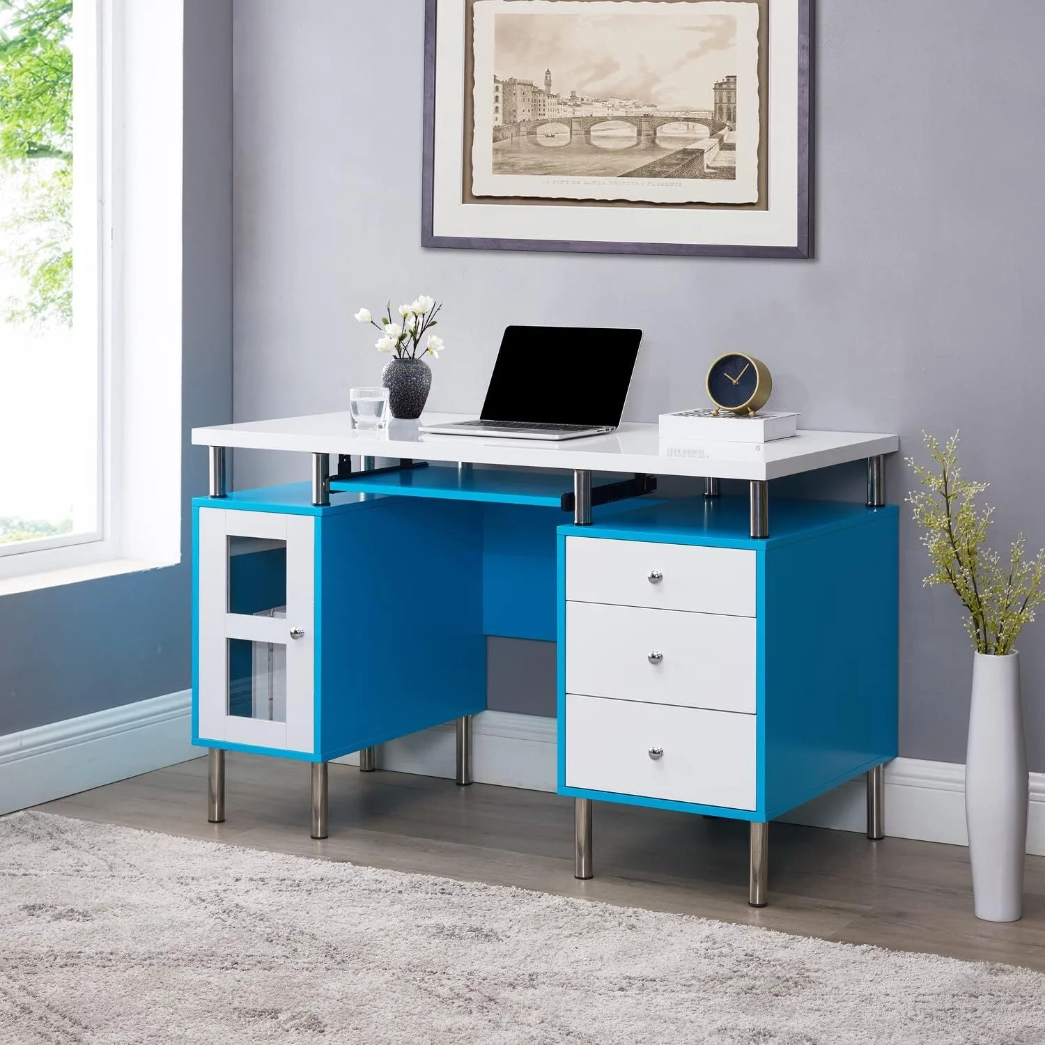 Naomi Home Modern Home Office Desk with Storage-Color:White, Robin Egg Blue