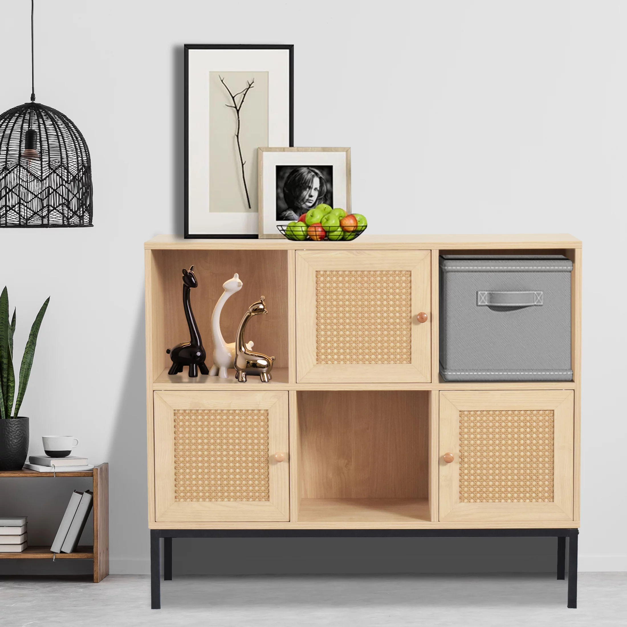 Koga Cube Organizer/Display Shelf with 3 Drawers and Rattan Detail, Natural Color Wood