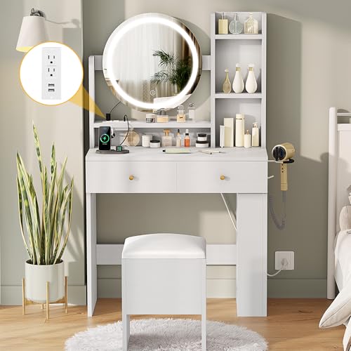 DWVO Vanity Desk with Mirror and Lights, Makeup Vanity Table Set with Power Outlets and Chair, 3 Lighting Colors, Makeup Desk with 3 Drawer and Lots Storage Shelves for Bedroom, Black Dressing Table