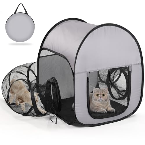 Outdoor Cat Enclosure with Tunnel - Escape-Proof, Breathable & High-Visibility Mesh, Foldable Pet Playpen for Backyard, Camping, Travel