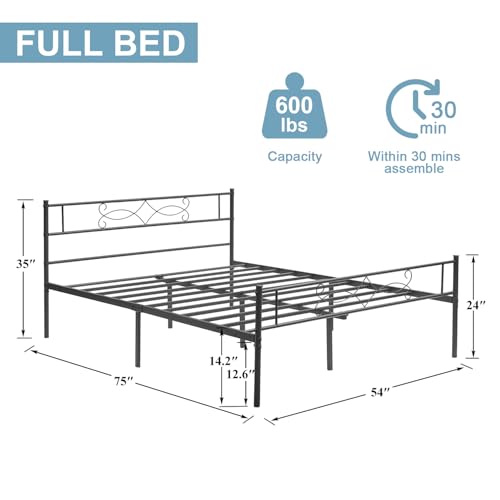 VECELO Full Size Bed Frame Metal Platform with Headboard/Steel Slat Support/No Box Spring Needed/Easy Assembly