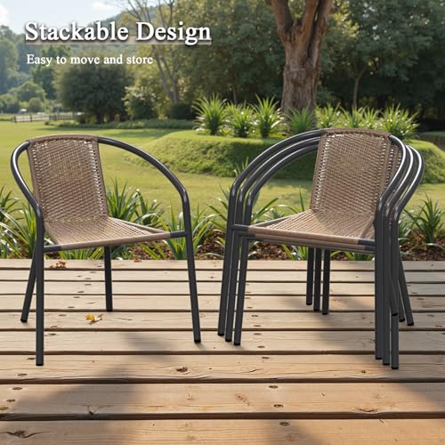 Outdoor Chairs Set of 4 Patio Chairs, Outdoor Dining Chairs - Stackable Wicker Rattan Chairs with Metal Frame for Balcony, Deck, Bistro, Backyard, Porch (4 Pack, Brown)