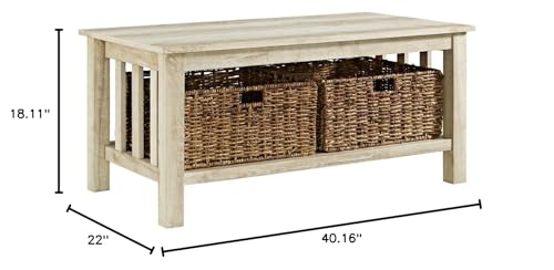 Walker Edison Coastal Black Living Room Coffee Table with Lower Shelf and Faux Rattan Wicker Baskets, 40 Inch