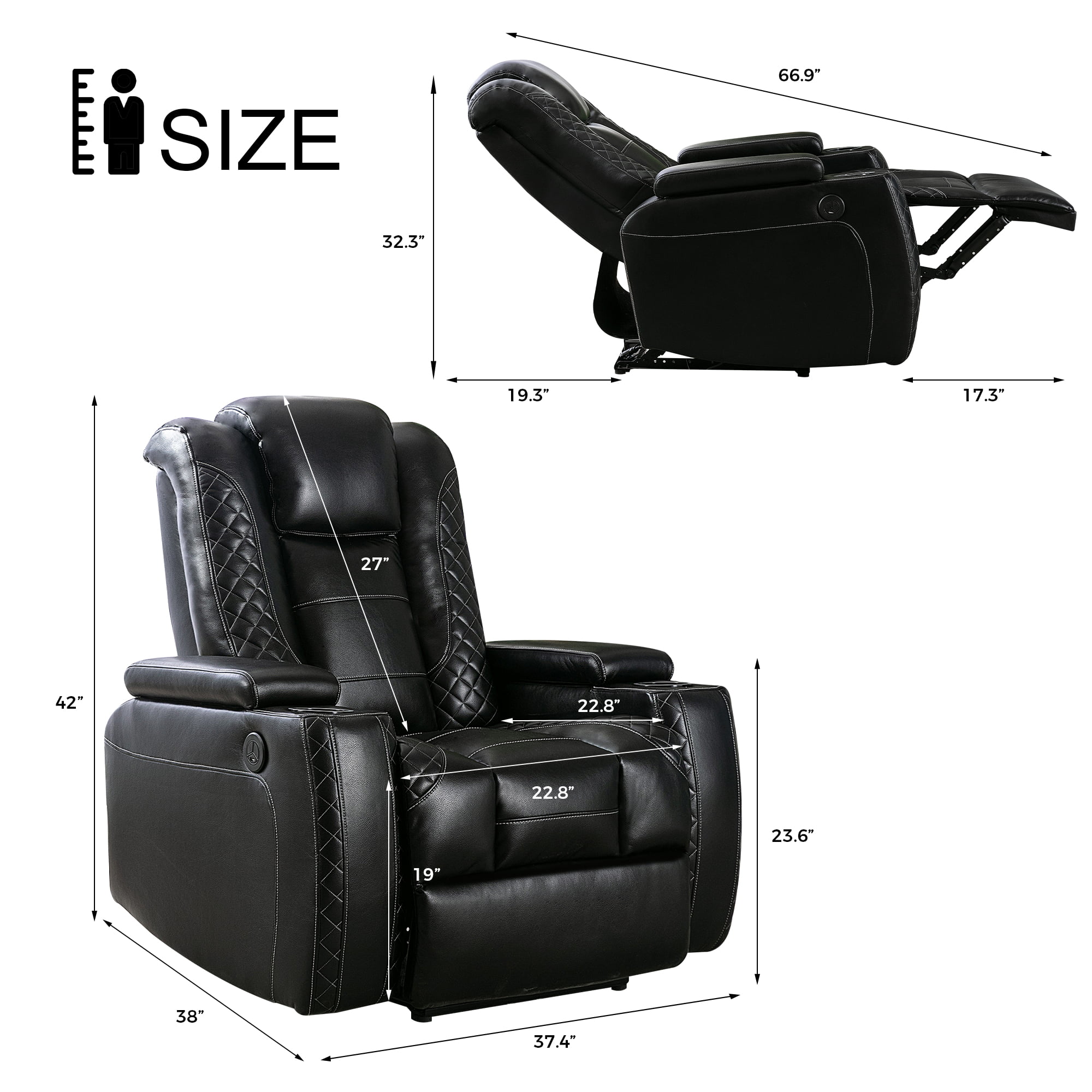 Electric Power Recliner Chair with USB Ports and Cup Holders, Breathable Leather Home Theater Seating with Hidden Arm Storage