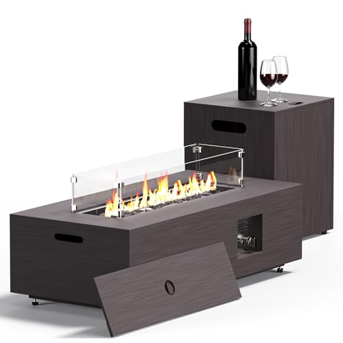 42” Rectangular Fire Pit Tables 2-Piece 50,000 BTU Outdoor Propane Gas Fire Pit with Wind Guard, Waterproof Cover, Lava Rocks for Outside Patio Backyard