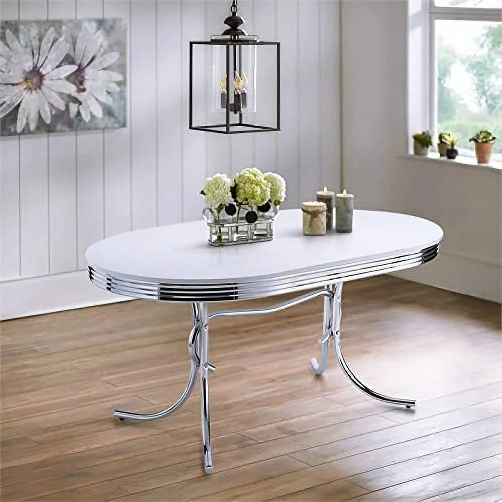 YOJFOTOOU. Modern Metal Chrome Plated Oval Dining Table with White Top