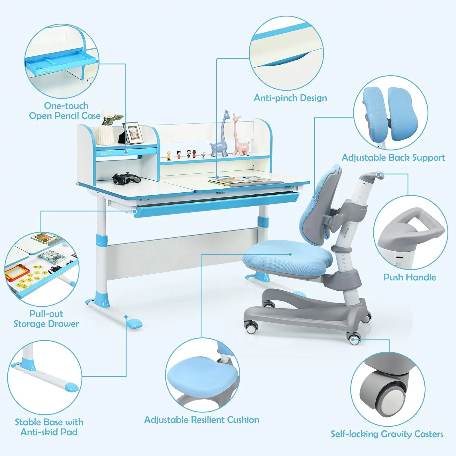 Blue Adjustable Kids Study Desk Drafting Table Chair Set w/ Bookshelf