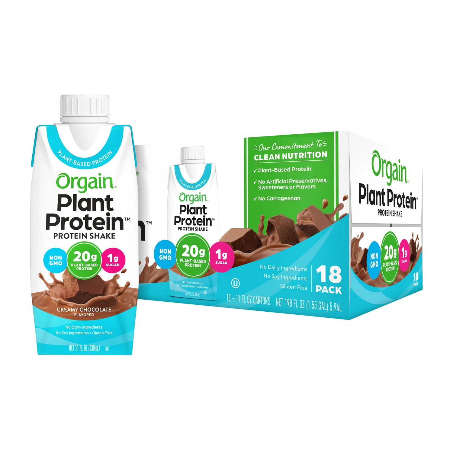 Orgain Plant-Based Protein Shake Chocolate 11 fl oz, 18-pack