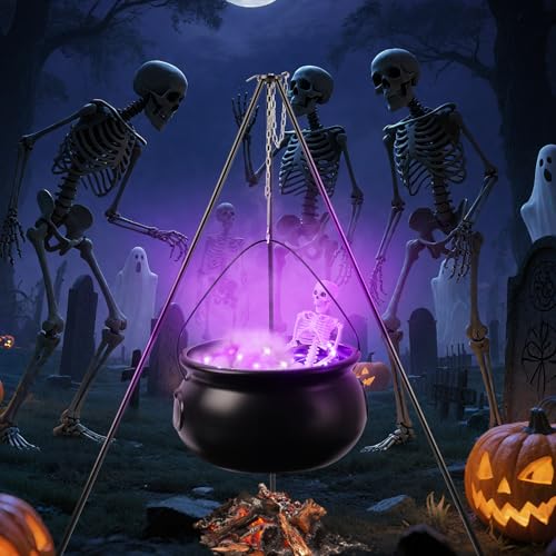 Halloween Decorations Outdoor, Large Witch Cauldron, Halloween Decor, with Large Tripod/Purple Lights/Cotton/40CM Skull, Witch Cauldron Magic Candy Bucket Decoration, for Porch Outdoor Party