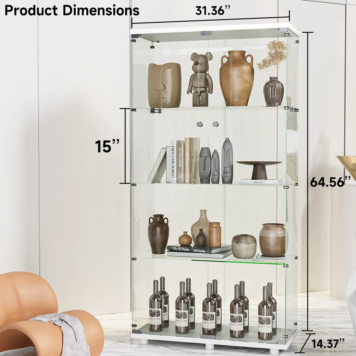 Two-door Glass Display Cabinet, Fast Installation in 50 Mins, Glass Curio Cabinets Bookshelf Display Case for Living Room Bedroom Kitchen, Trophy Case with Handles, Locks, Side by Side Door White