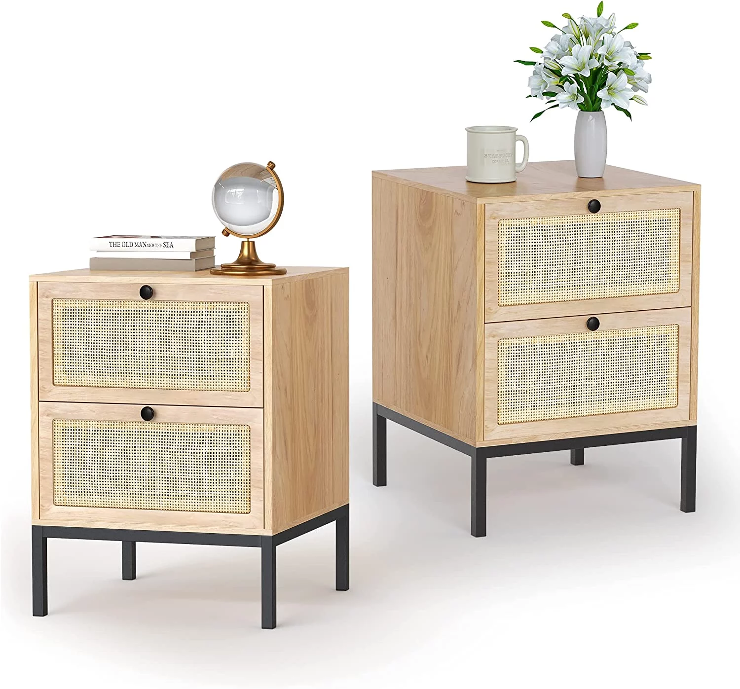 Brafab Nightstands Set of 2,With Handmade Nature Rattan Weave Finish Boho-style Storage Drawers and Shelf Storage, Side Table End Table For Living Room, Bedroom,dining Room