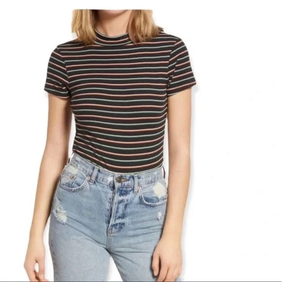 BP Nordstrom Dani Black Multi Stripe Mock Neck Knit Bodysuit Sz XL