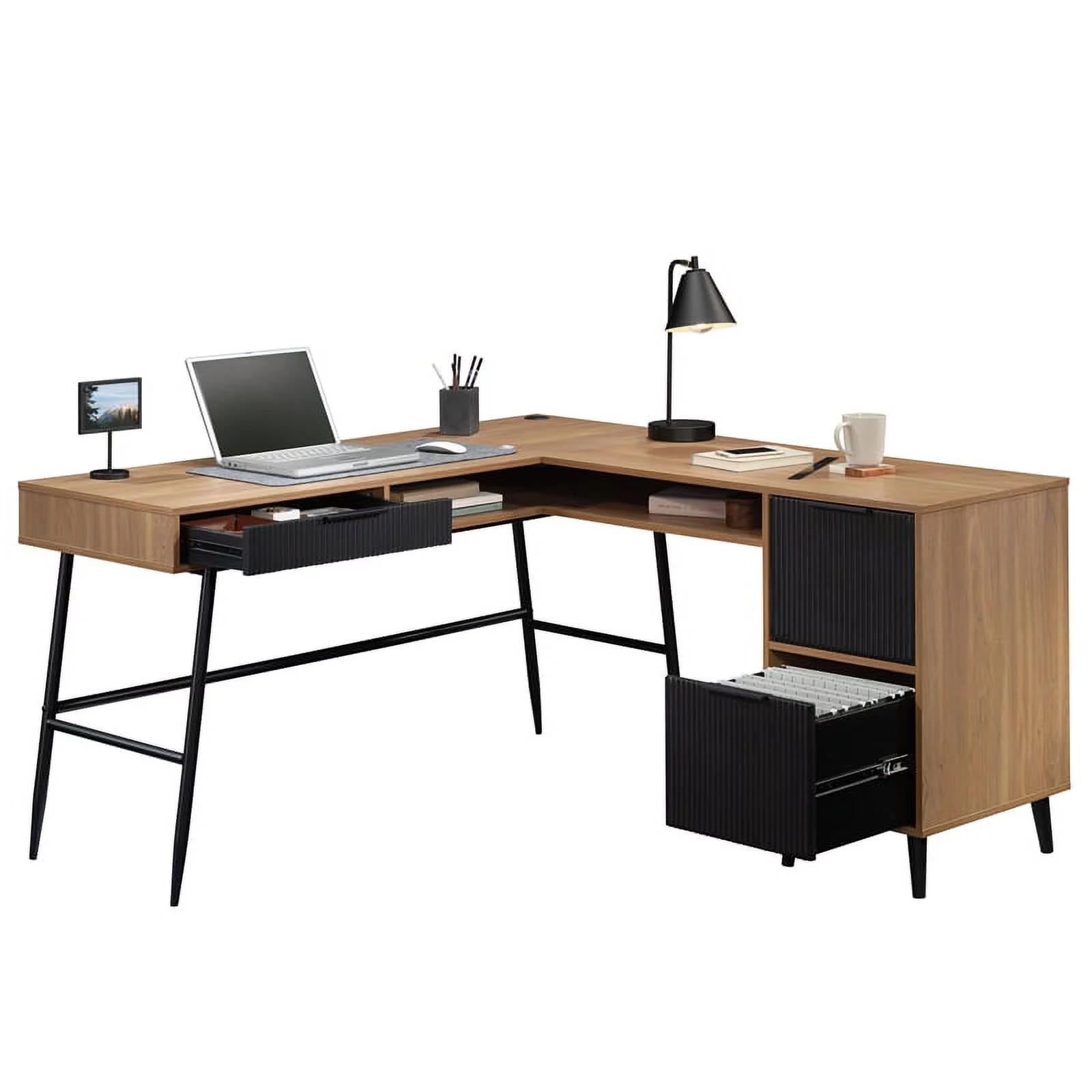 Sauder Ambleside Engineered Wood/Metal L-Desk in Serene Walnut