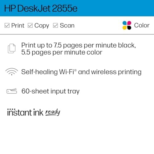 HP DeskJet 2855e Wireless All-in-One Color Inkjet Printer, Scanner, Copier, Best-for-home, 3 month Instant Ink trial included (588S5A)