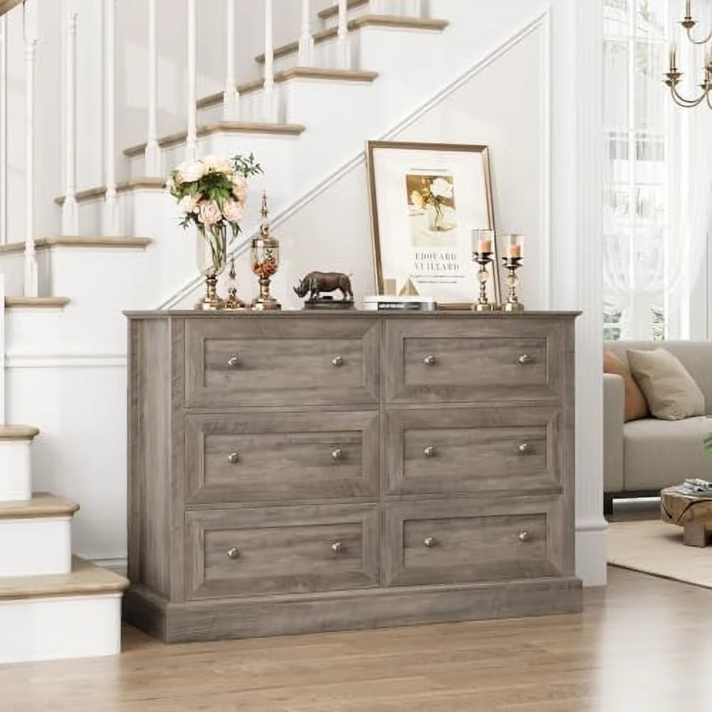 6 Drawer Double Dresser  Wood Dresser Chest  Wide Chest of Drawers with Deep Drawers & Mental Double Handles for Hallway Living Room  Wash Gray