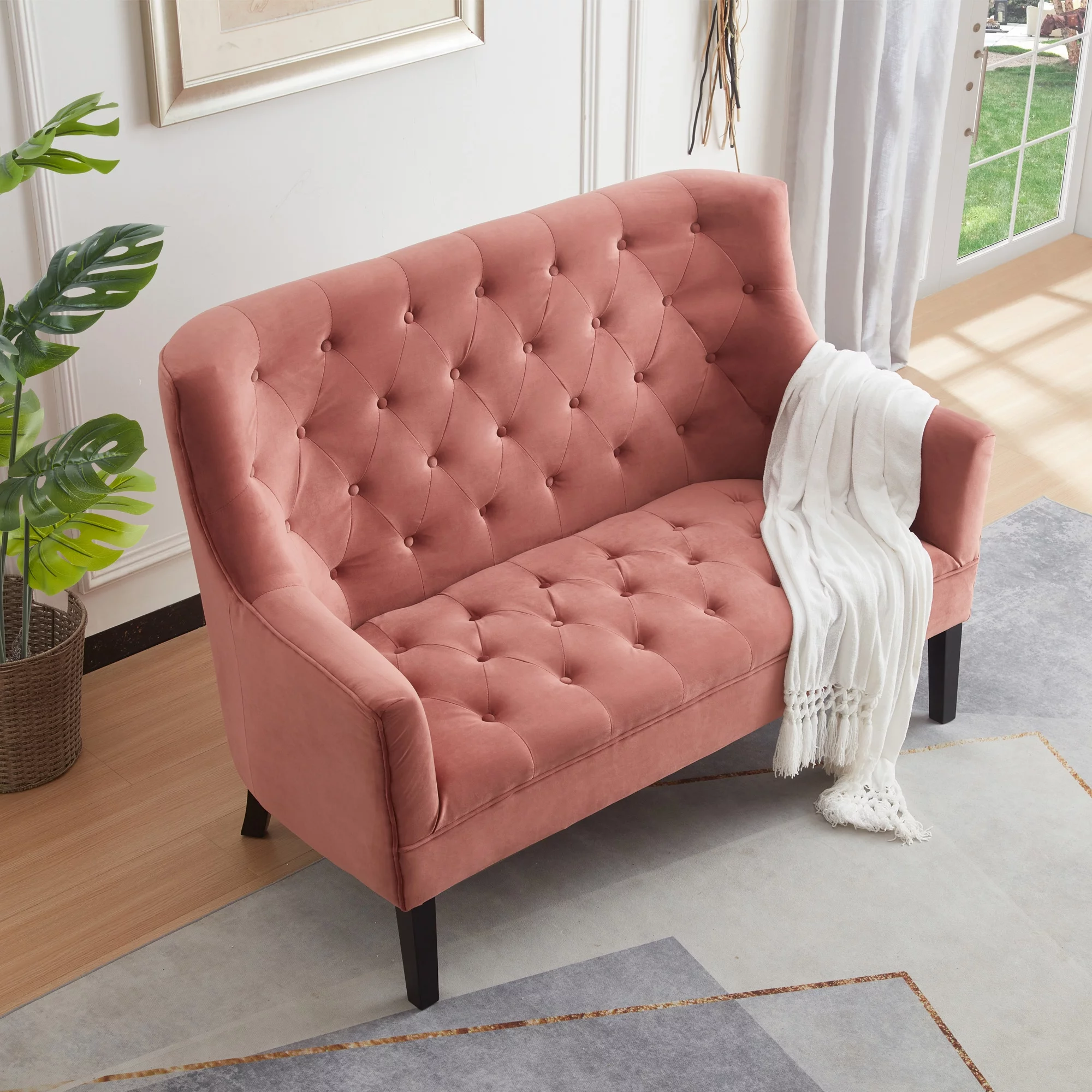 GEXPUSM Loveseat Sofa Couch, Mid-Century Modern Couch Love Seats Sofa for Living Room, Velvet Upholstered Small Couch for Bedroom, Apartment and Small Space, Pink