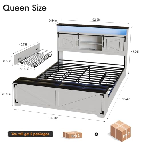 Fameill Farmhouse Twin Size Bed Frame with 4 Drawers and Bookcase Headboard, Sliding Barn Door Storage Shelves, LED Lights and Charging Station, No Box Spring Needed, Antique White