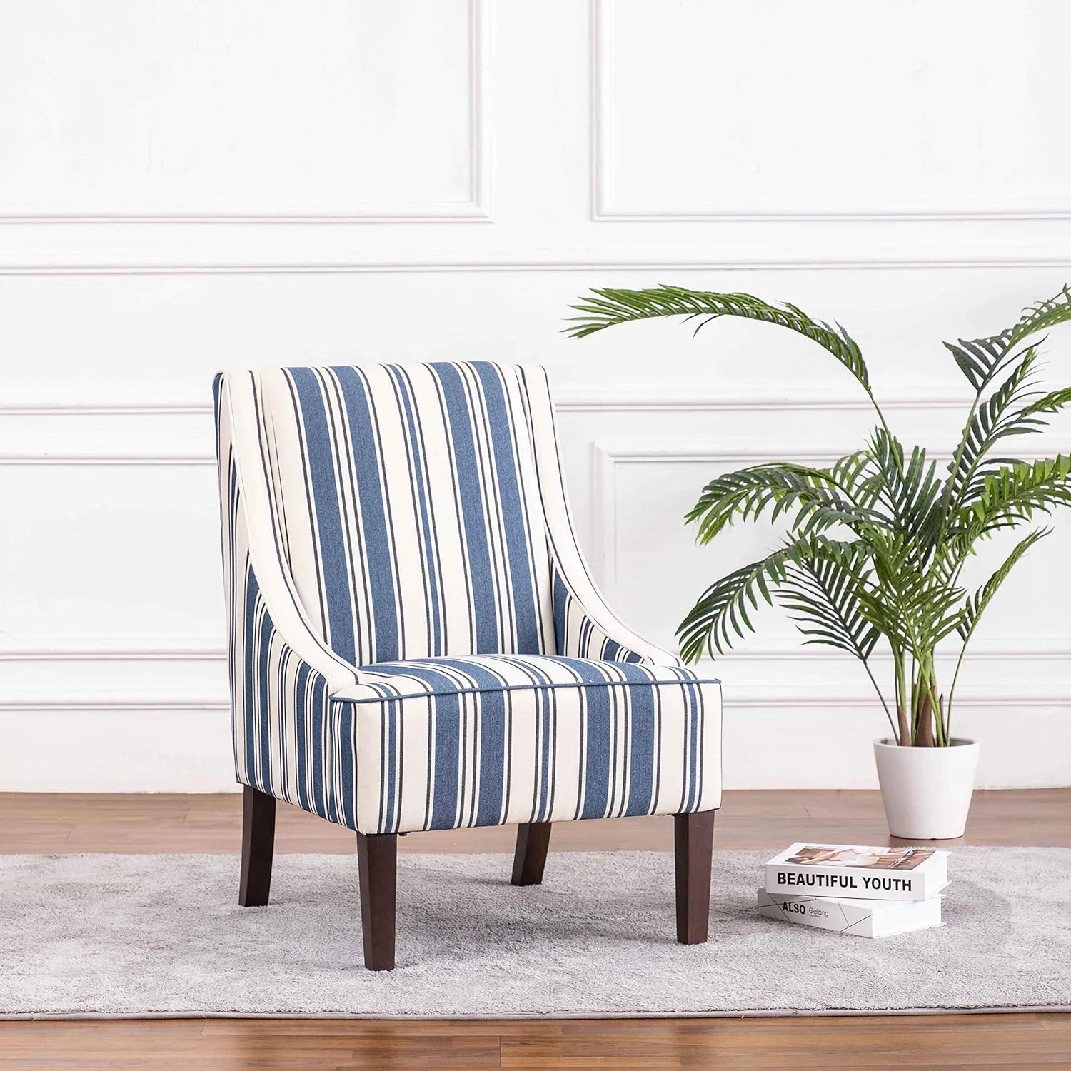 Swoop Arm Fabric Accent Chair, Navy Double Stripe