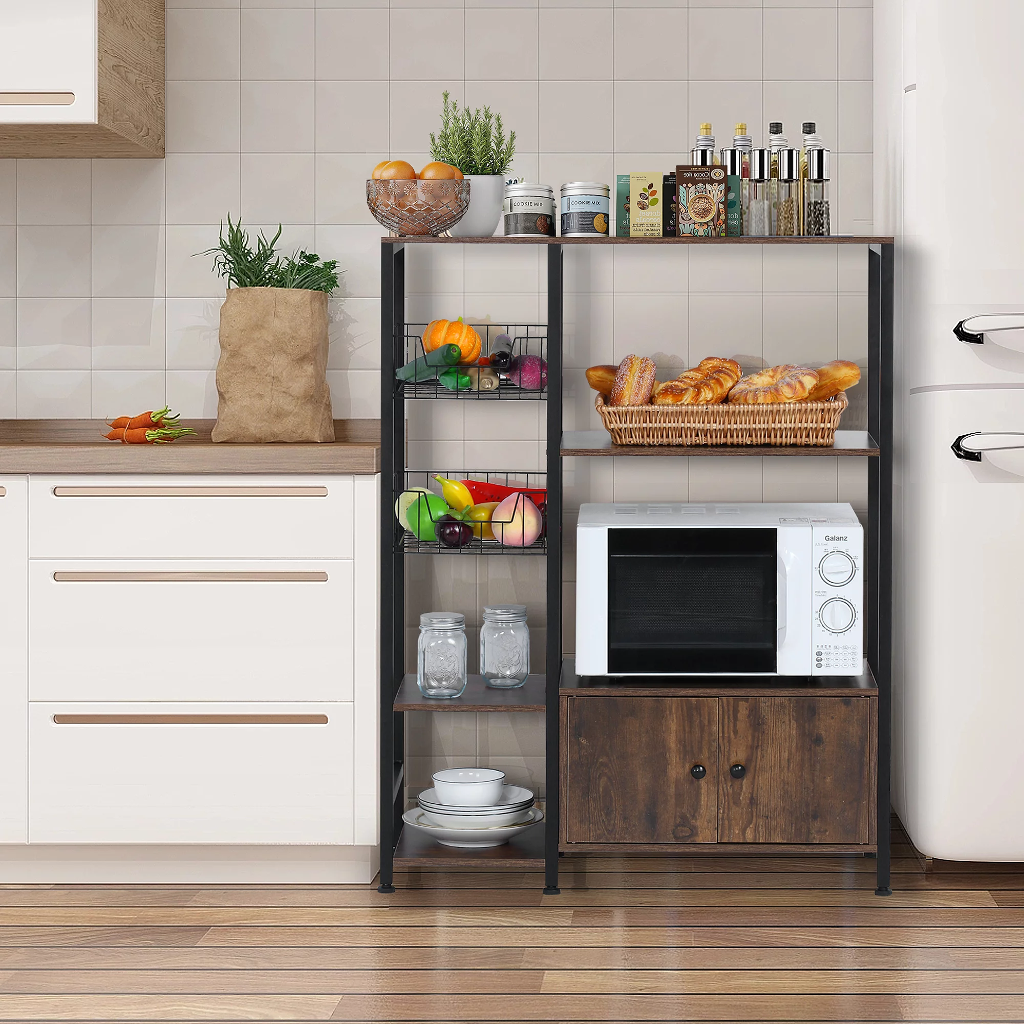 NAIYUFA 5-Tier Kitchen Bakers Rack,Microwave Oven Stand Wood Brown Shelf with Cabinet
