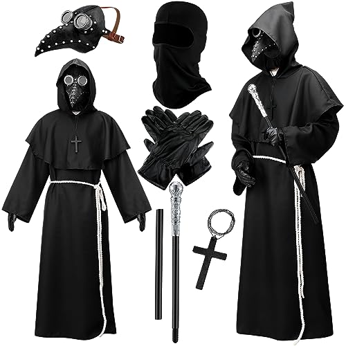 Hercicy 8 Pcs Plague Doctor Mask Costumes Set Balaclava Face Mask, Beak Ghost Monk Robe, Black Cane, White Rope, Hooded Cloak, Gloves and Cross Necklace for Halloween Cosplay