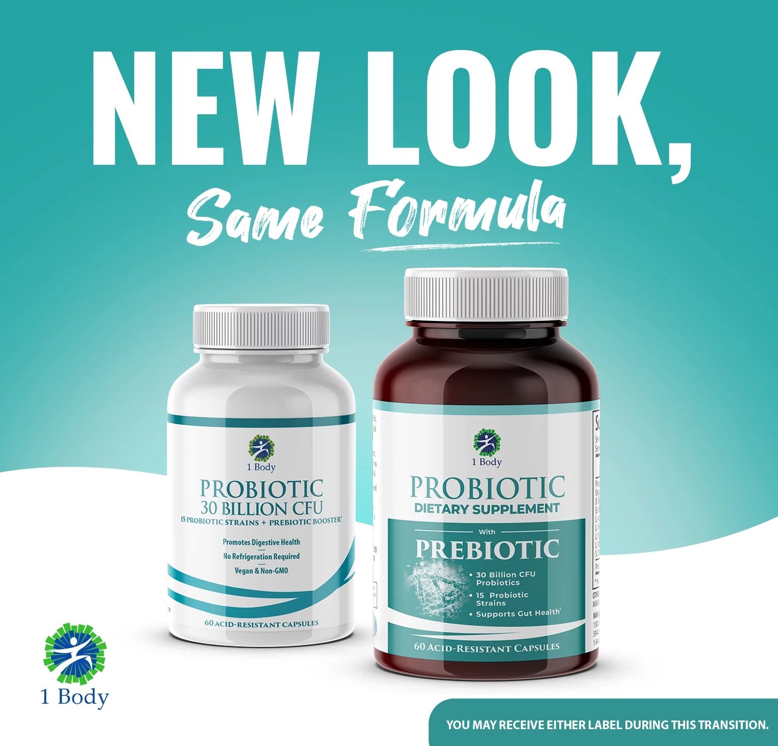 (2 bottles) 1 Body Probiotic 30 Billion CFU Supplement with Prebiotics with 120 Acid Resistant Vegan Capsules to Promote Gut Health & Support Immune System for Men and Women