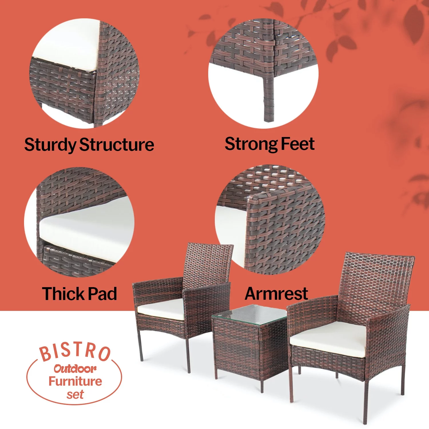 Sofia 3 Piece Rattan Bistro Patio Furniture Set- 2 Metal & Soft Cushion Chairs With a Beautiful Cafe Table - Beige