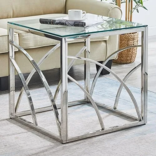 KHBIULIFE Accent Glass End Table Silver - Set of 1 Modern Square 21.45" Small Coffee Table Tempered Glass with Stainless Steel Frame  Sleek Side Table  Sofa Table for Living Room