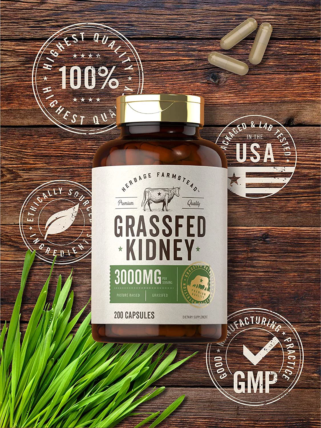 Grassfed Beef Kidney | 3000mg | 200 Capsules | by Herbage Farmstead