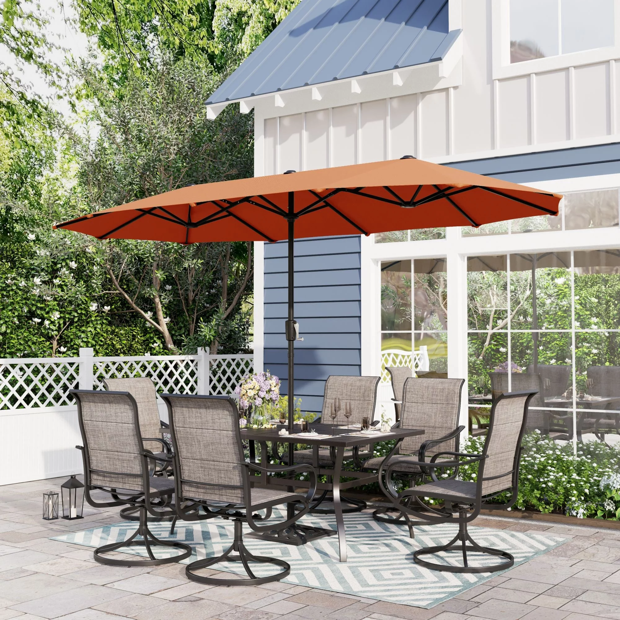 Sophia & William 8-Piece Outdoor Patio Dining Set with 13 ft Orange Red Umbrella, Rectangle Table & Textilene Chairs for 6